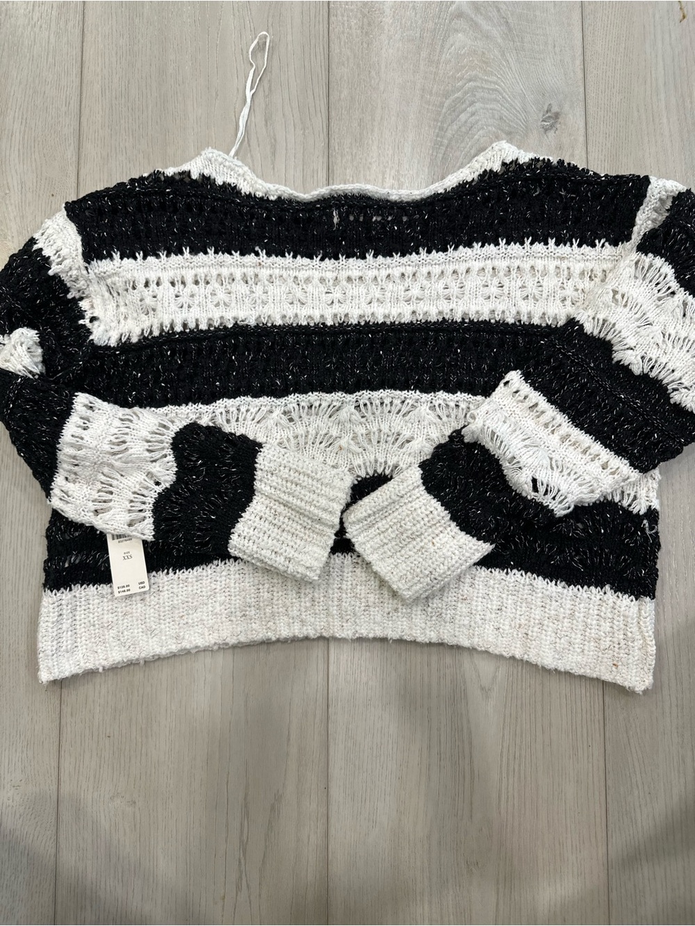 Pilcro Black & White Open-Weave Striped Scoopneck Sweater